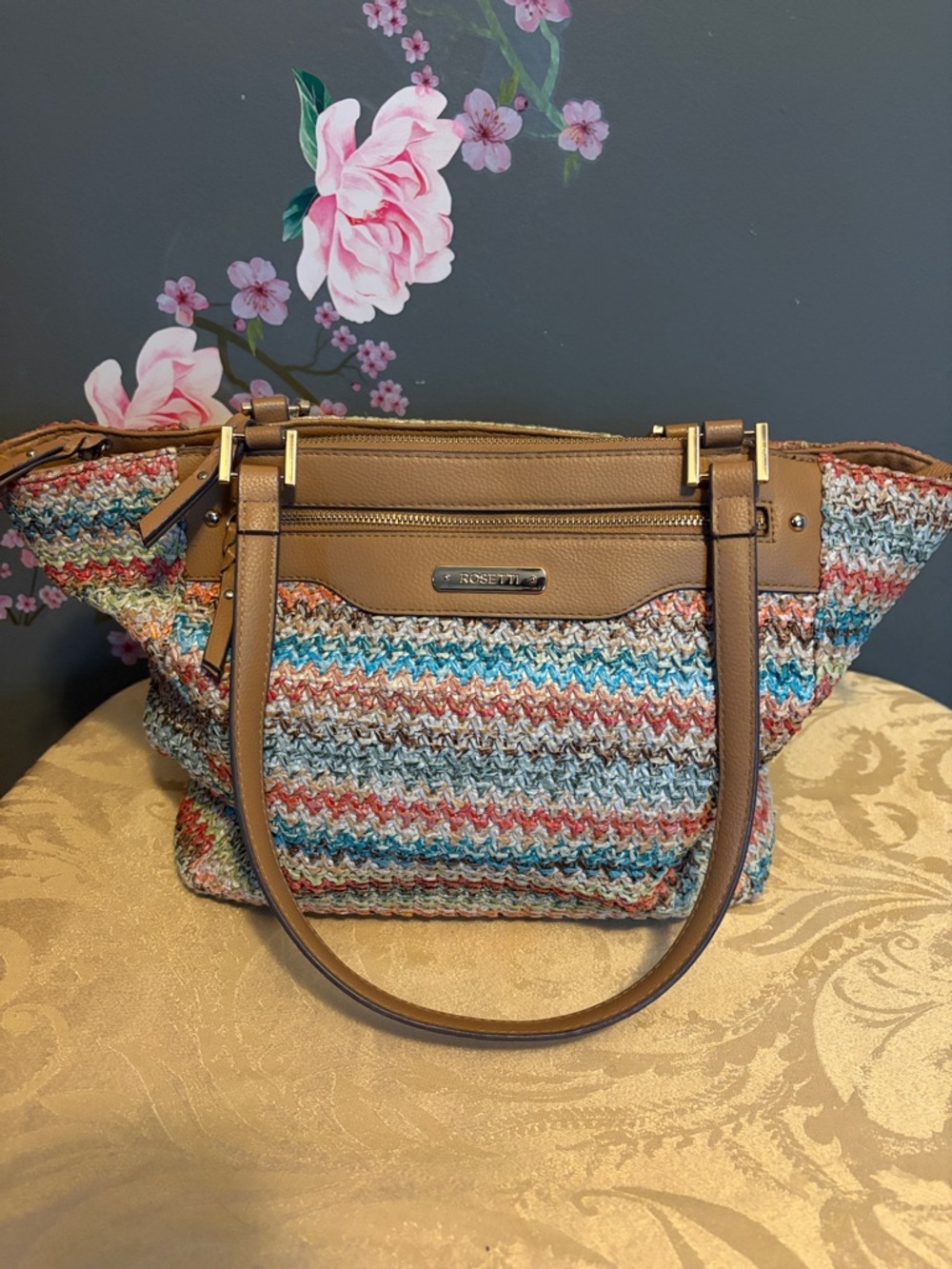 Rosetti Multicolor Crochet Tote with Tan Trim